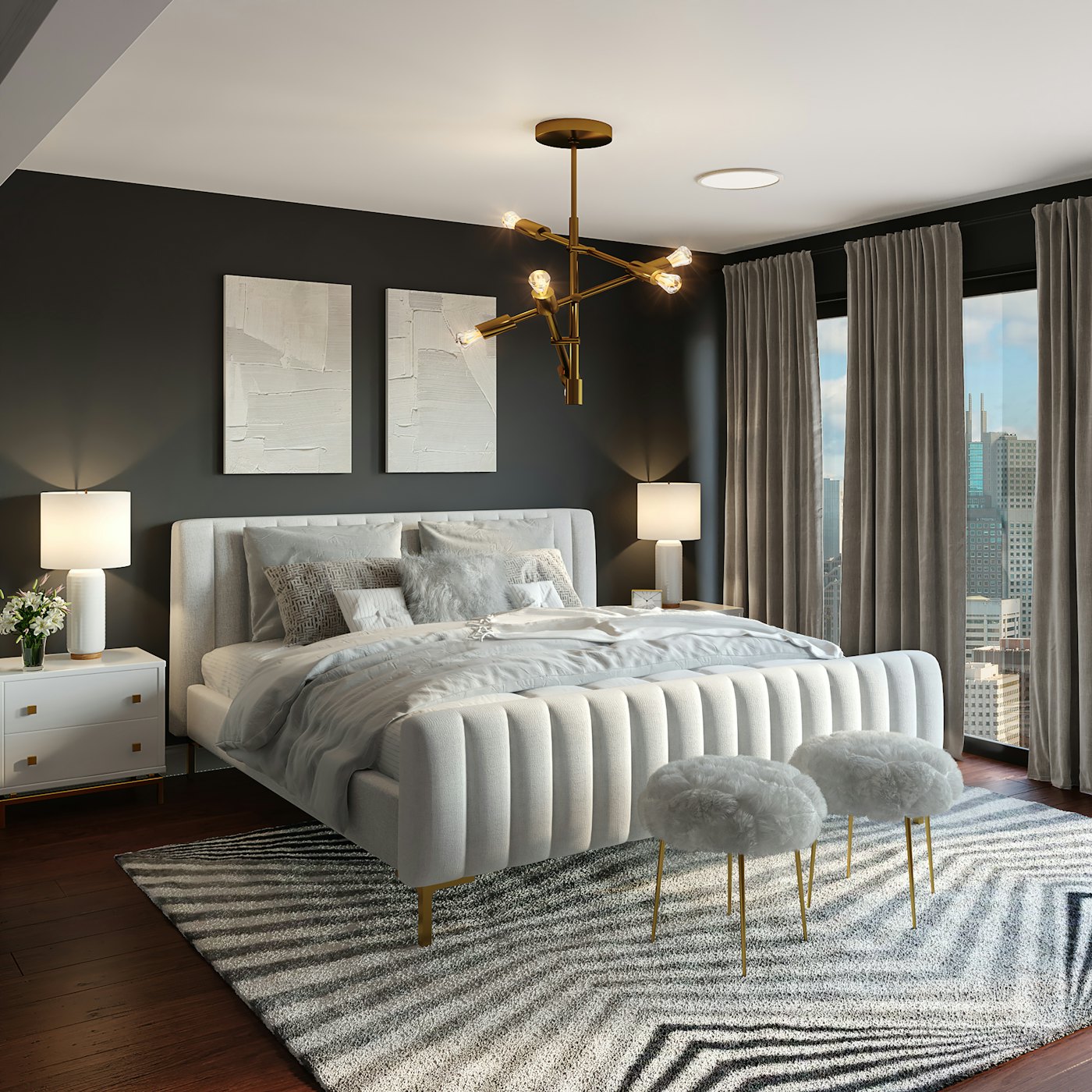 Le séjour double meublé, tapis et assises basses